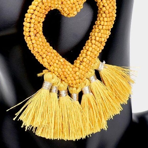 Seed Bead Heart Yellow Tassel Earrings - Picture 3 of 6
